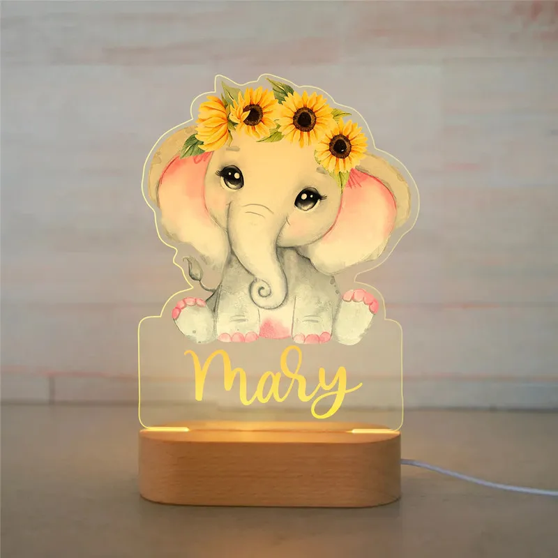 Leão de elefante de elefante personalizado liderado USB Night Light Nome personalizado Lâmpada acrílica para crianças crianças decoração de quarto de quarto 220623