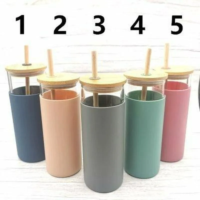 Stock 16oz Glass Mug Juice Cup Milk Mugs with Silicone Sleeve Bamboo and Straw Enviroment-friendly Novelty Tumbler Wine Bottle Office Car Panda Drinkware