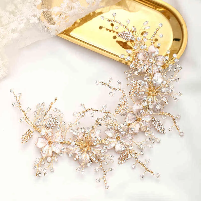 結婚式のヘッドバンドゴールドクリスタルフラワーティアラ手作りの花嫁の頭飾りの葉の髪ジュエリープリンセスヘッドバンド花嫁の​​ヘアアクセサリーAA220323