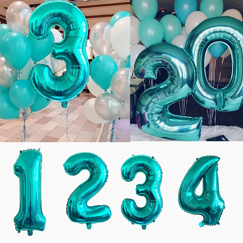 32 pouces turquoise Nombre de ballons 0-9 Air Globos Digital Air Globos Joyeux anniversaire Décorations de fête d'anniversaire Enfants Candy Blue Big Helium Balls