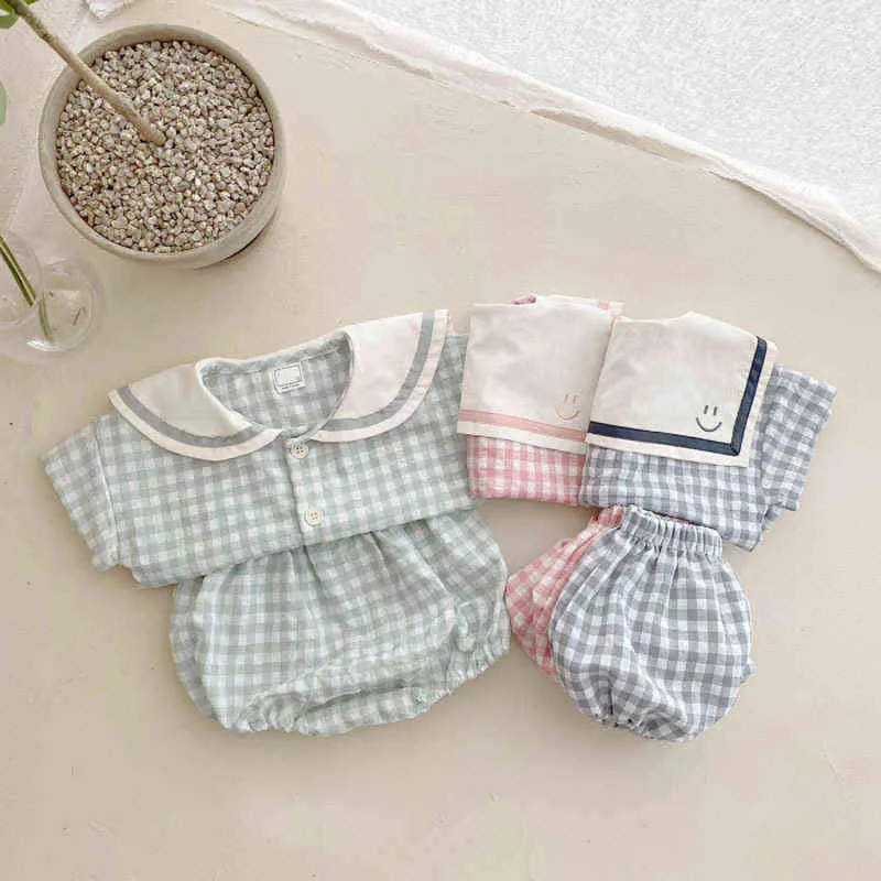 2022 Zomer Baby Baby Korte Mouw Kleding Set Infant Boys Girls Cute Plaid Print Navy Collar T Shirt   Shorts Pak Kids Outfits G220509