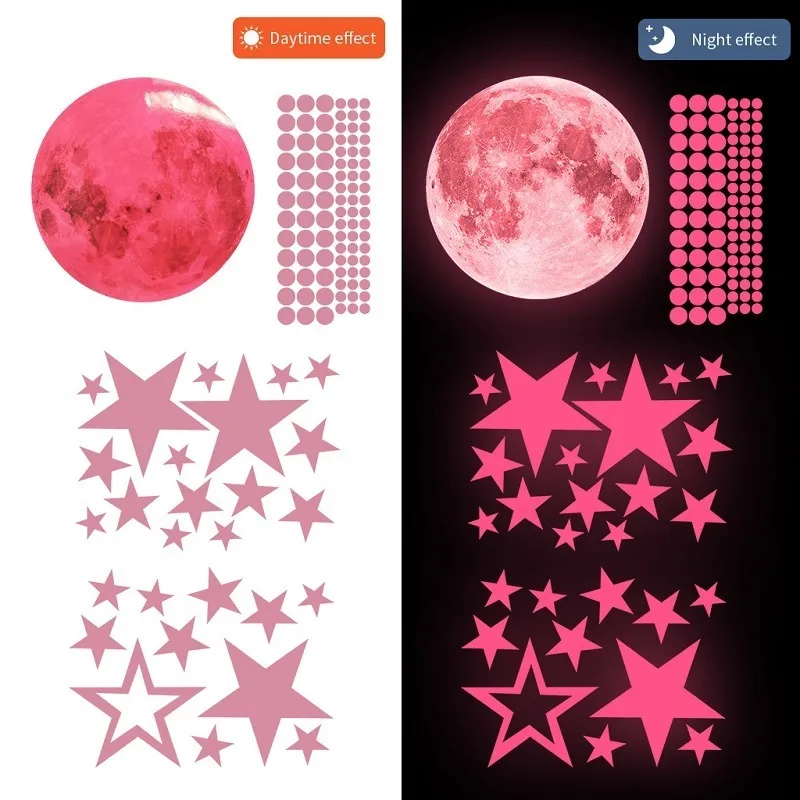 3d Pink Moon Luminous Stickers muraux pour les enfants pour enfants Décor de maison DIY ART DÉCALES FLUORESCENTS Les étoiles brillent dans l'obscurité 220607