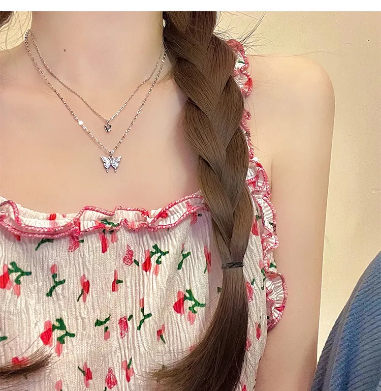 Double-layer diamond-studded butterfly necklace Japan and South Korea spring and summer new trendy necklace female ins Korea wild cold wind collarbone chain