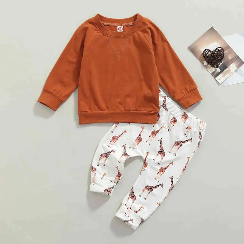Citgeett herfst Casual Baby Girls Boys Clothing Sets Solid Long Sheeves Sweatshirt Tops Gedrukte broek Spring Set J220711