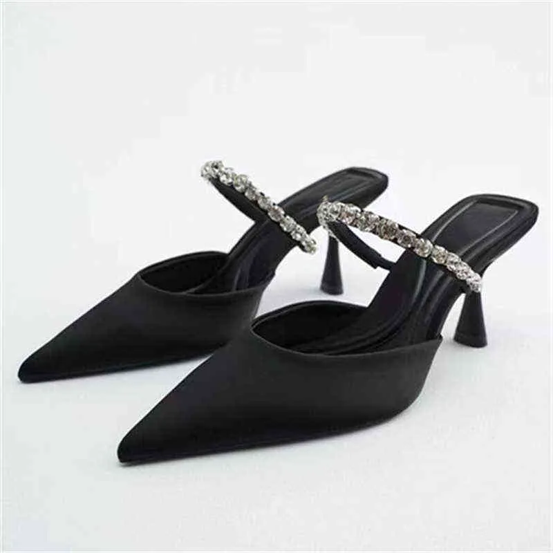 Sandals Slippers Woman High Heels 2022 Black Be Shallow Mouth Shoes Female Stones Decoration Pumps 220413