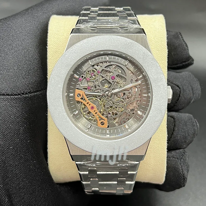 LMJLI - Automatyczne zegarki mechaniczne męskie zegarki Hollow 42 mm duży rozbiór Sliver Pasek ze stali nierdzewnej Modna Zegarnia Montre de L267H