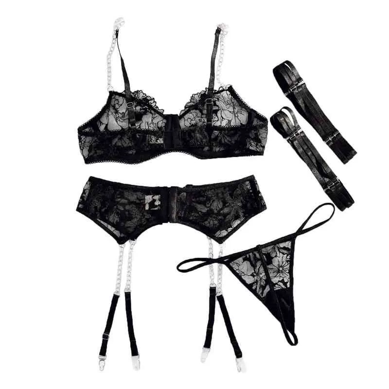 Set di lingerie esotica da donna Lingerie a rete con ricami floreali in pizzo Reggiseno e mutandine Reggicalze Intimo porno esotico Comes L220727