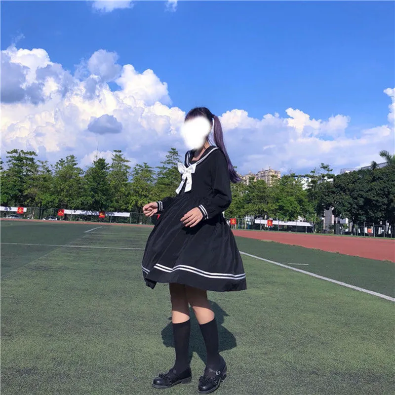 Japanese Lolita Kawaii Sweet Bowknot Robes Long-Sleeve Black Knee-Length Navy Preppy Party Women Summer Dress clothes dresses 220316