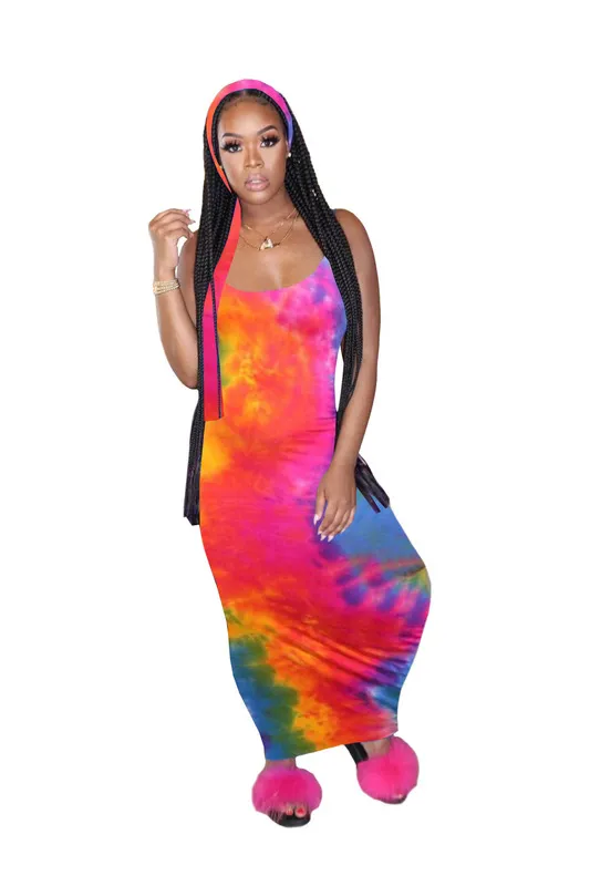 CM.YAYA Femmes Tie Dye Rayé Imprimer Sans Manches Spaghetti Strap Slim Maxi Dress Sexy Party Club Foulard Midi Robes Longues 220516
