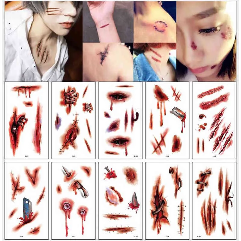 NXY Temporary Tattoo 10sheets Pack New Halloween Holiday Face Makeup and Terror Spider Scar Mask Design Fake Waterproof Sticker 0330