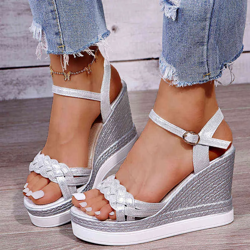 Women's Chunky Wedge Peep Toe sandals 2021 Summer Fashion Buckle Roman Style Platform Gladiator Sandals Silver Rubber Soft Sole Y220421