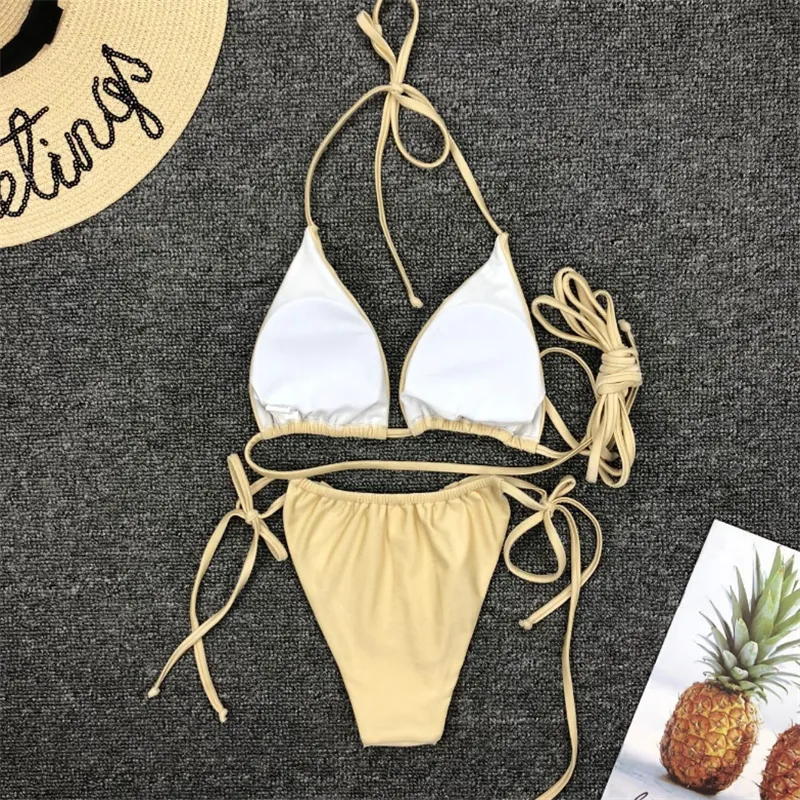 Gnim Seksi Brezilyalı Thong Bikini Mujer Mayo Kadınlar Bandage Solid Mayo Mikro Set Yaz Plaj Giyim Mim Takım 220616
