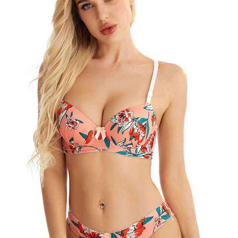 Seksowne kobiety Flower Bra Zestaw bezprzewodowy bieliznę Balette Biełdowy nadruk Lenceria Briefs Push-Up bielizna L220727