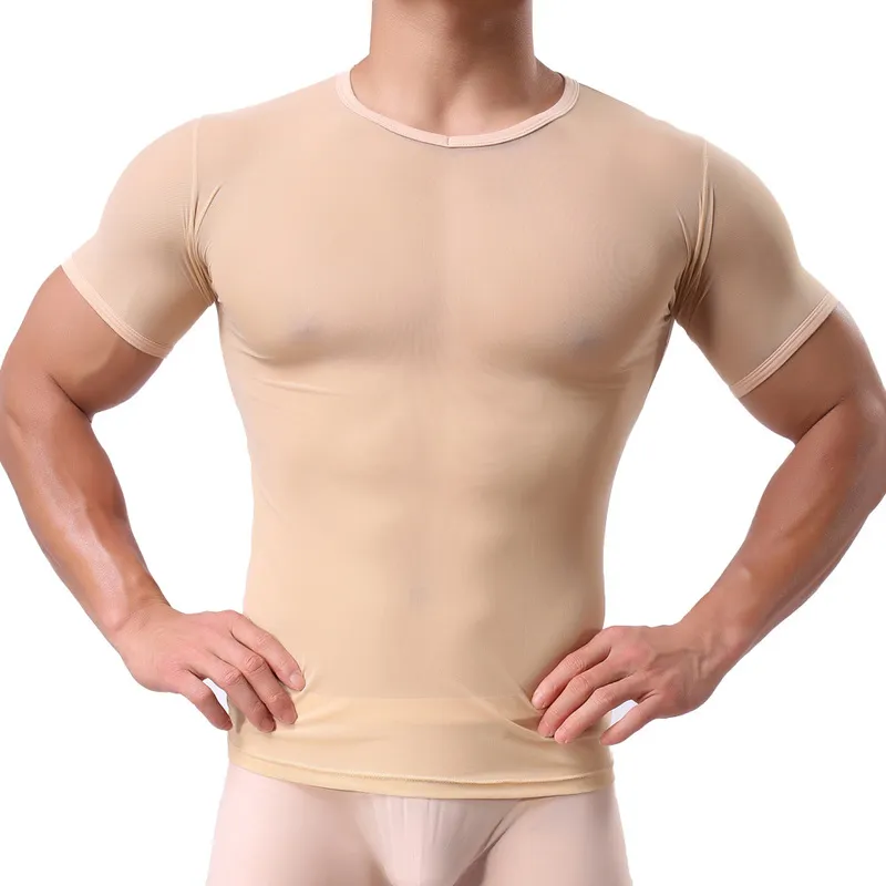Sexy Skinny ops Black See hrough Mesh Short Sleeve Men Perspective O Nek T Shirt Underwear Nightwear 220614