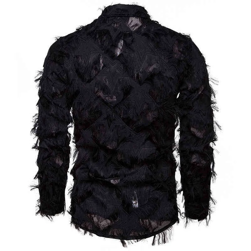 Black Feather Long Sleeve Shirt Men 2022 Fashion Stage Singer Clubwear Sexy Shirts Mens Event Party Prom Shirt Chemise Homme XXL L220704