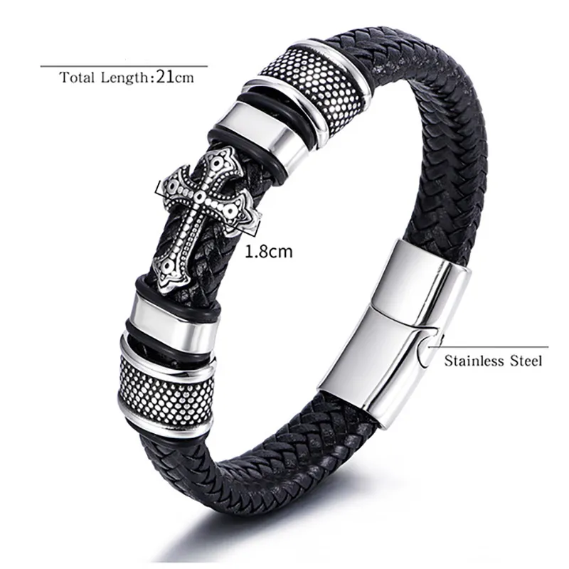Lädervävd korsband armband rostfritt stål knapp mens hiphop armband armband armband manschett mode smycken gåva