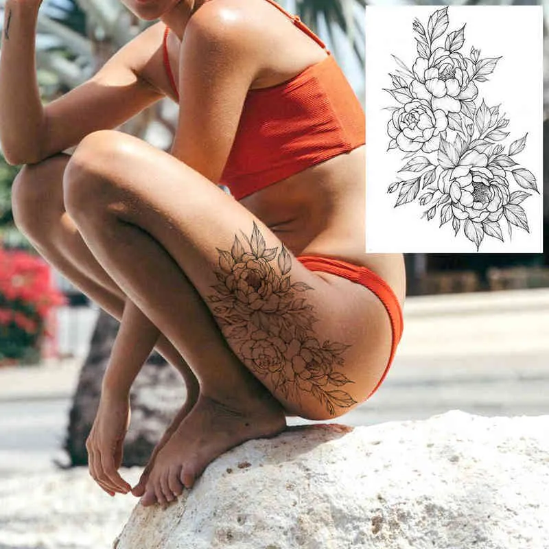 Tatuagem temporária de nxy realista sexy peony tattoos mulheres adulto adesivo de braço de flor água impermeável falso flooral bloosom corpo perna arte tatoos 0330