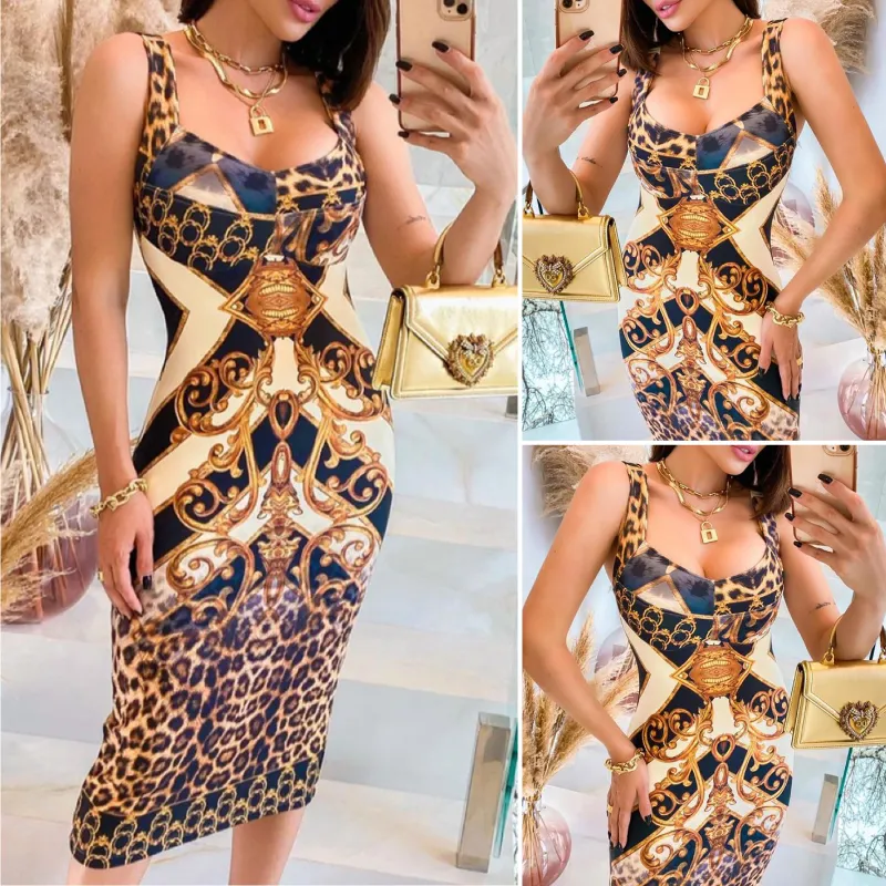 S-XL zomer vrouw sexy mode mouwloze cheetah sjaal print colorblock midi jurk geel luipaard tank strakke feestjurk club 220423