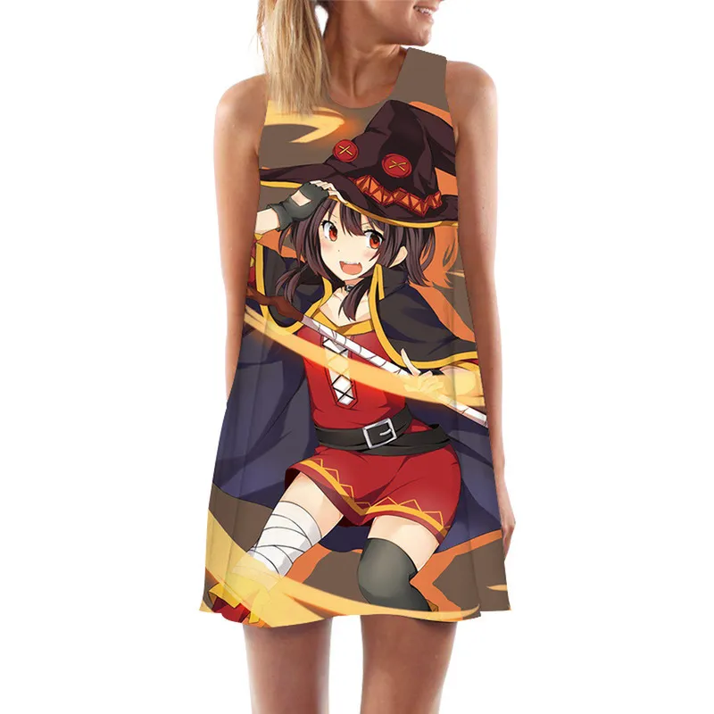 Mujeres Tank Tops Vestido Anime Megumin Konosuba Impresión 3D Vestido de playa suelto Moda Mini Fiesta corta Vestido de chaleco femenino W220617