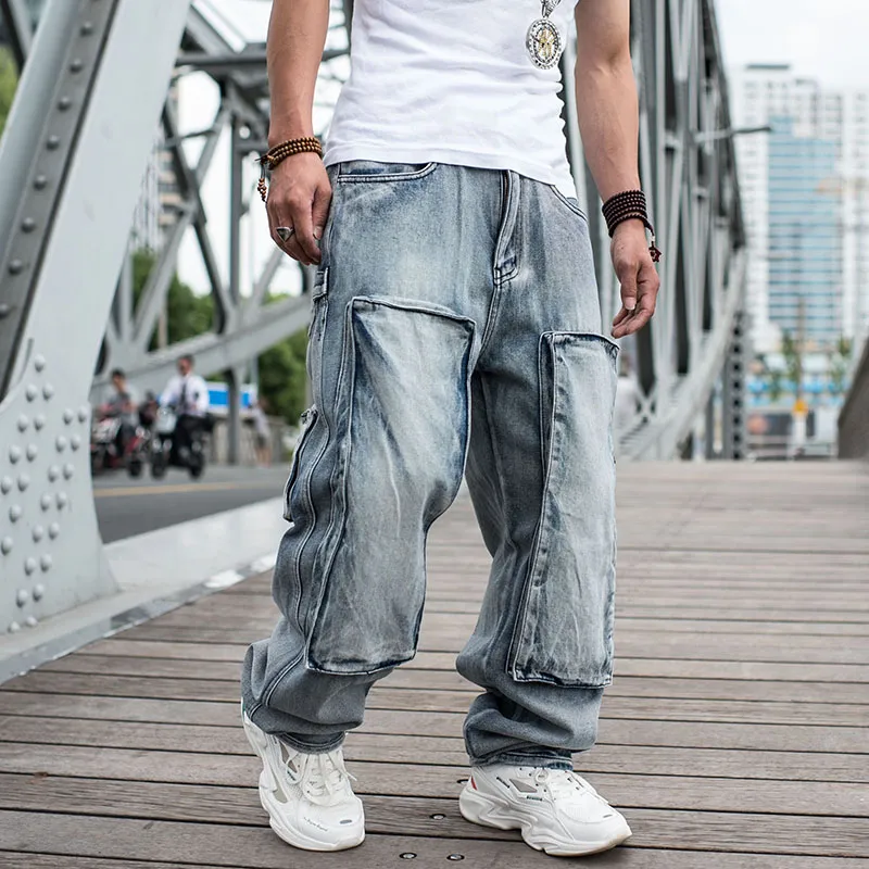 Fashion Tide Trousers Hip Hop Oversized Wide-leg Jeans Men Loose Skate Denim Pants Baggy Multi-pocket Light Blue Male Clthing Bottoms