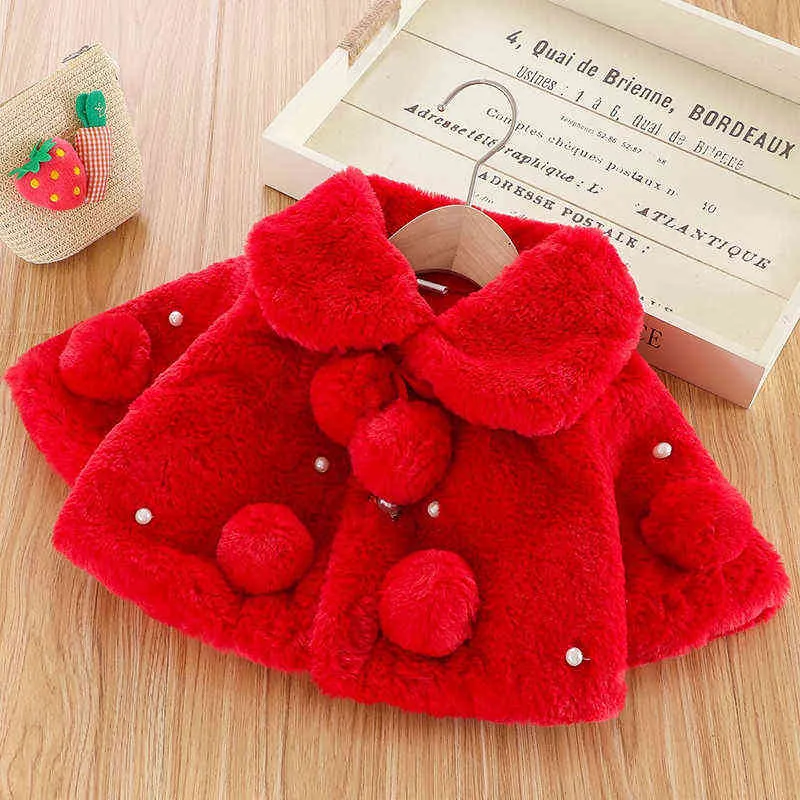 Schattige pompon meisje bont jas herfst winter warme jas voor kinderen bovenkleding pluche kerst prinses baby jassen peuter kleding J220718