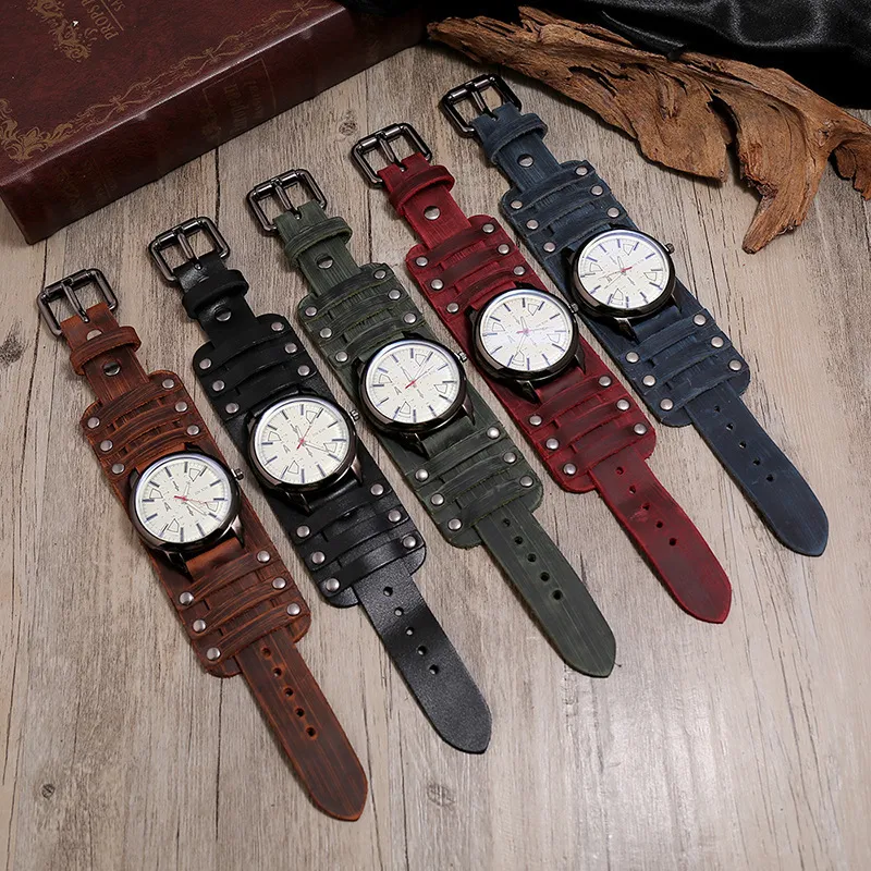 Oryginalny skórzany wskaźnik zegarek dla mężczyzn bransoletki kobiety męskie bransoletki szeroki pasek pasek punk vintage retro boho biżuteria 220623