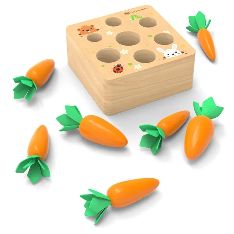 木製のおもちゃベイビーモンテッソーリのおもちゃセット引っ張りニンジンの形をマッチングサイズ認知ベイビーおもちゃ教育おもちゃ子供子供ギフト220706