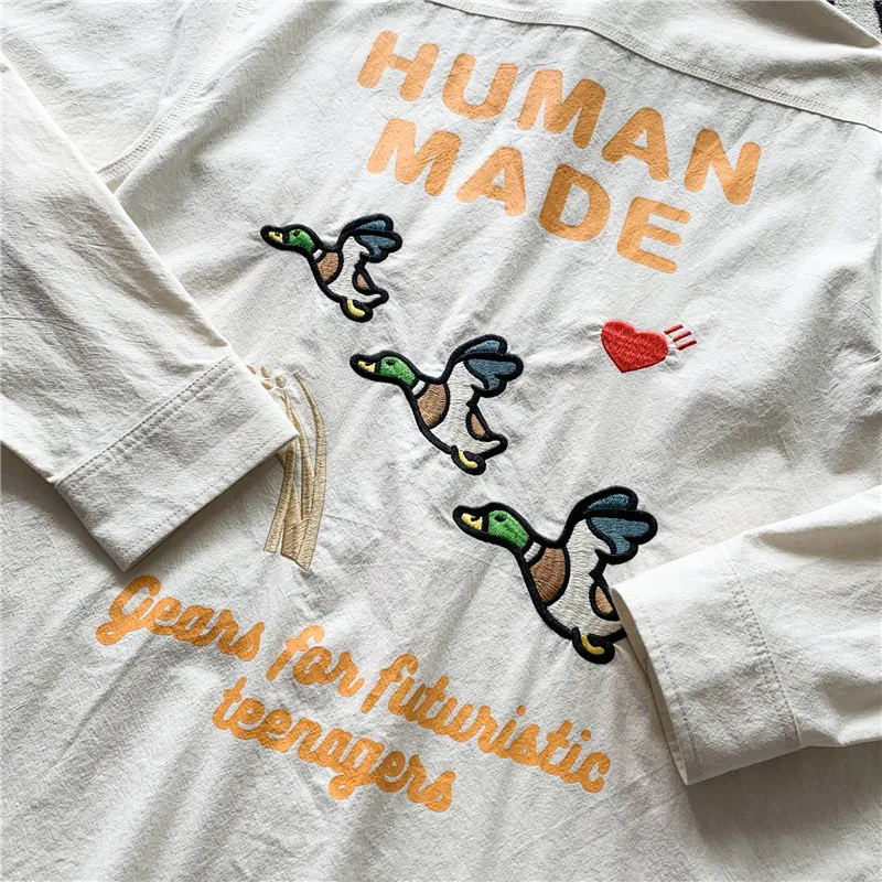 Broderad Flying Duck Human Made Denim Fashion Shirt Men 1: 1 Högkvalitativ mänsklig gjord kvinnor vintage tees par skjortor