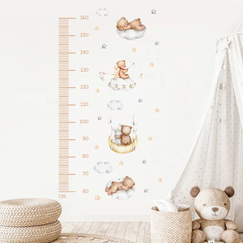 Cartoon Baby Misurazione dell'altezza Orso Nuvole Luna Stelle Wall Sticker Nursery Decalcomanie da muro in vinile Camera da letto bambini Interior Home Decor 220613