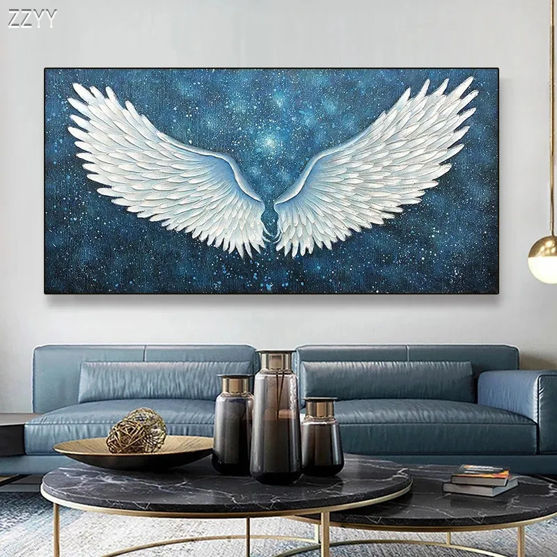 Mdoern White Angel Wings Starry Blue Luxury Art Canvas Oil Painting Abstract Poster Print Wall Art Picture for Living Room Decor