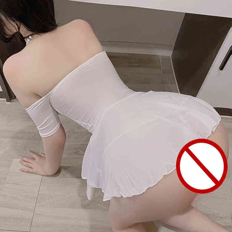 Mikro Mini Elbise Kulübü Giyim Seksi Sheer Kadınlar Buz Ipek A-Line Pileli Elbise Kadın Pijama Thong Y220401 ile Ruffled Elbise