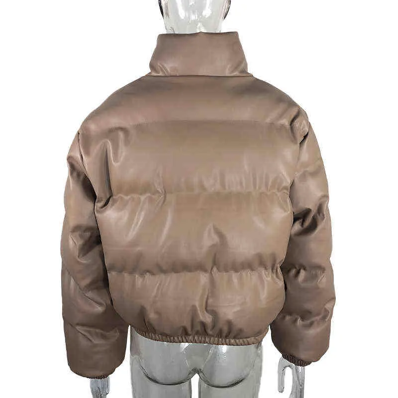Moda donna colletto alla coreana giacche in pelle pu nera 2021 inverno spesso caldo corto parka giacche in cotone con cerniera elegante giacca femminile L220725