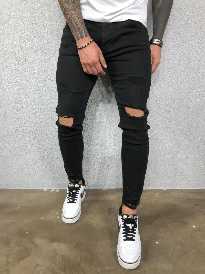 Men Jeans Black Blue Cool Skinny Knee Hole Ripped Stretch Slim Elastic Denim Pants Solid Color High Street Style Trousers Man 220408