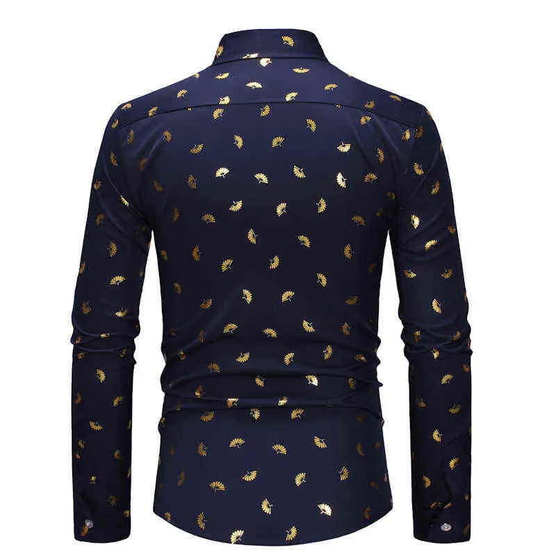 Camicie eleganti da uomo di lusso Nightclub Stampa oro lucido Slim Fit Button Down Camicia elegante da uomo Business Casual Chemise Homme XL L220704