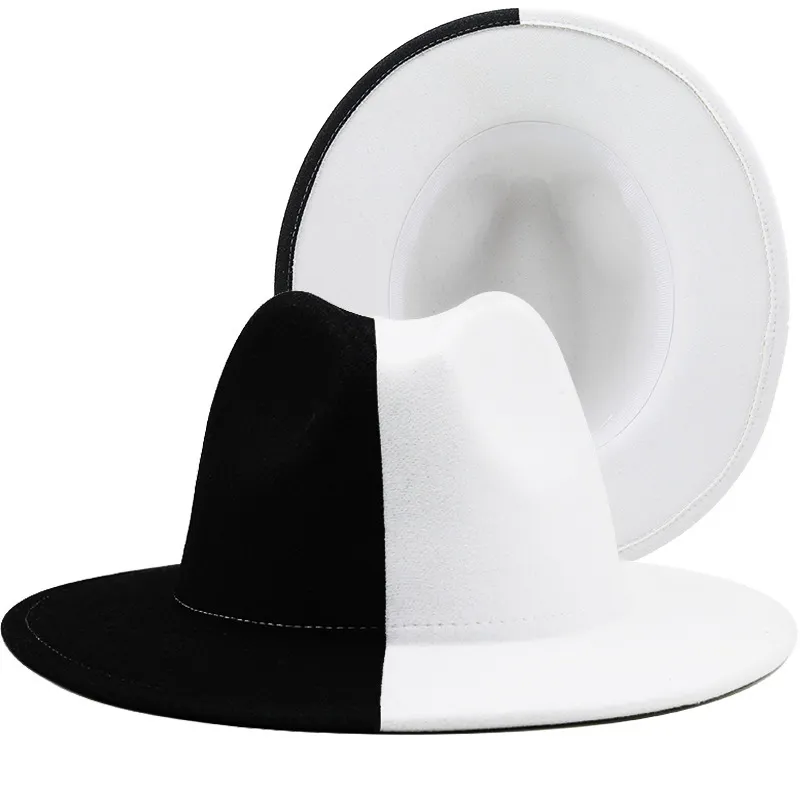 Black White Patchwork Wool Feel Jazz Fedora Hat Women Unisex Wide Brim Panama Party Trilby Cap Cowboy Cappello da gentiluomo Cappello matrimoni 225944625