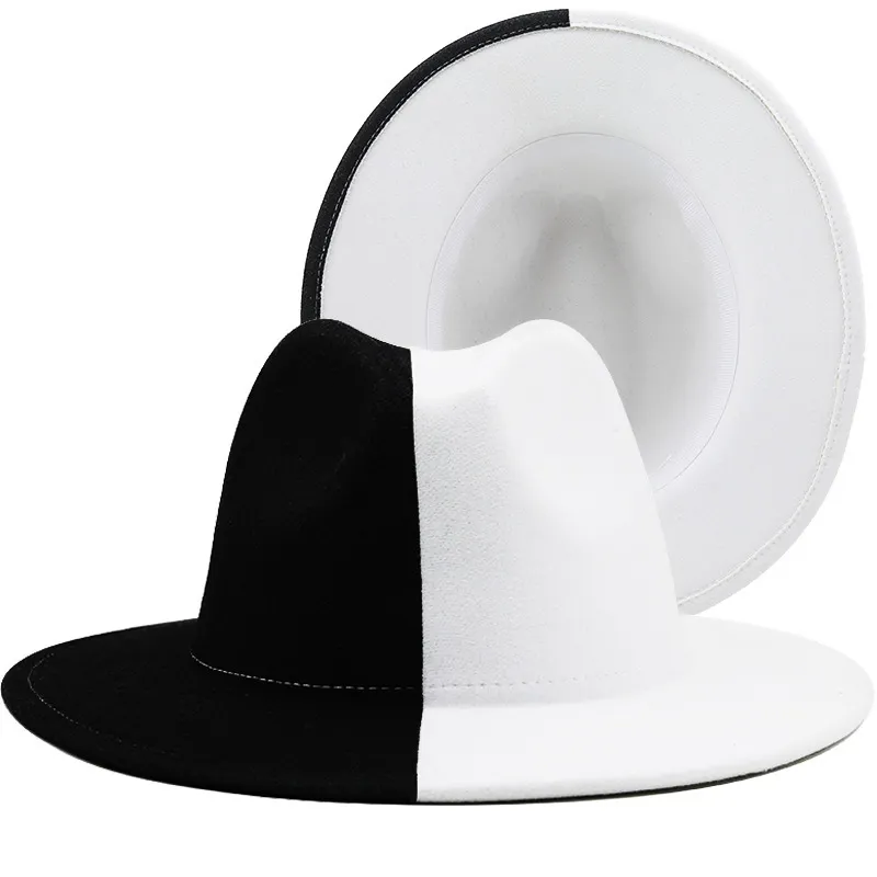 الأسود المرقعة البيضاء الصوف شعرت موسيقى الجاز فيدورا قبعة نساء للجنسين واسعة الحافة بنما الحزب Trilby Cowboy Cap Men Gentleman Wedding Hat 225541885