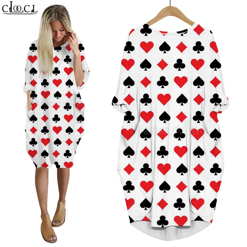 Vestido feminino jogando cartas 3d gráficos solto vestidos filha impresso manga longa moda verão vestido de bolso w220616