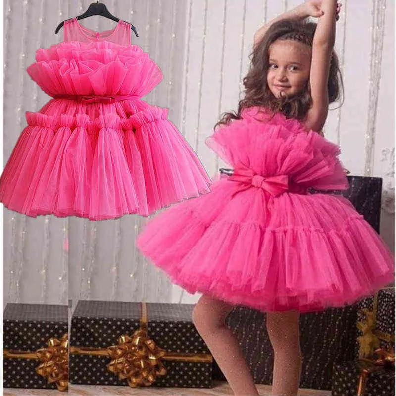 Toddler Girl Princess Dress For Wedding Neonato 1 anno Compleanno Fluffy Tulle Vestiti 12 mesi Infantile Costume fiocco rosa caldo G220429