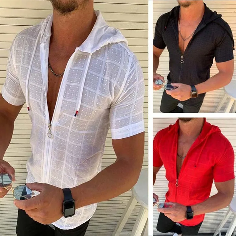 Summer Beach Mens Hooded Short Sleeve Shirts With Zipper Casual Homme Slim Fit T Shirts For Man Streetwear Solid Color Blouse 220607