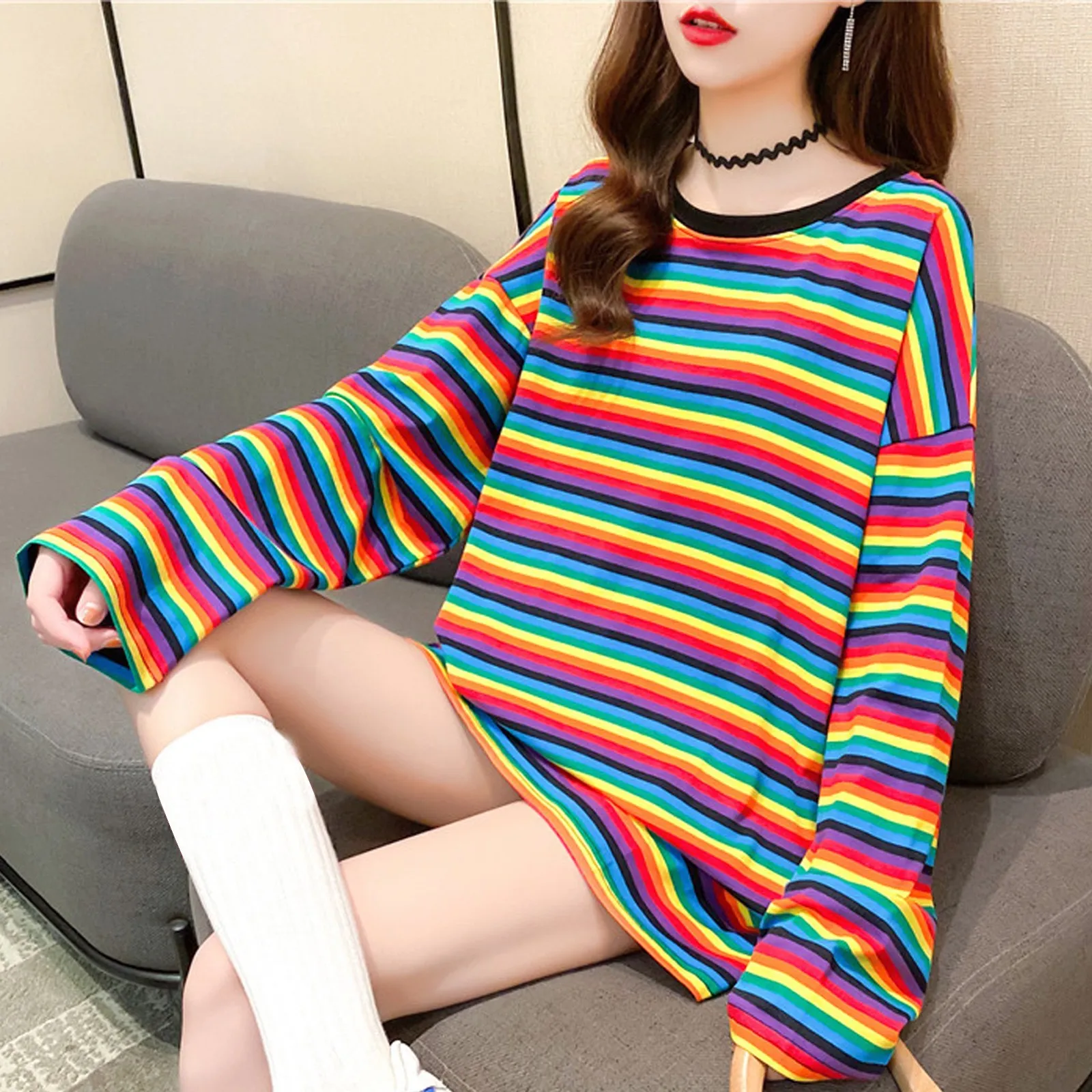 Woman Tshirts Graphic T Shirts Women Loose Rainbow Contrast Color Striped O-neck Top Long Sleeve T-shirt T-shirty Damskie