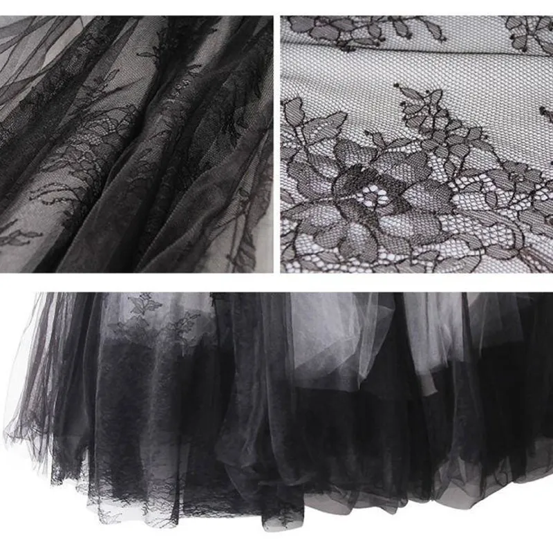 Maxi Long Long Tulle Skirt Skirt Lace Stitching Gothic White Black Plateed Tutu Tutu Vintage Petticoat Lange Rok Jupes 220527