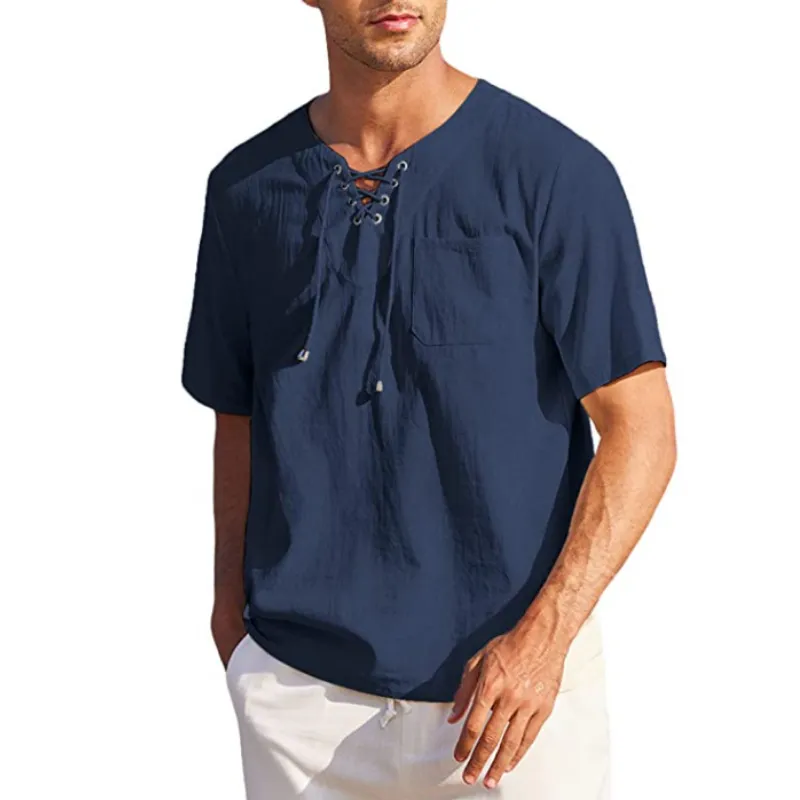 Men algodão linho de mangas curtas camisa camiseta moda v laceup laceup solto camisetas tops casual summer praia de praia tshirts 220615