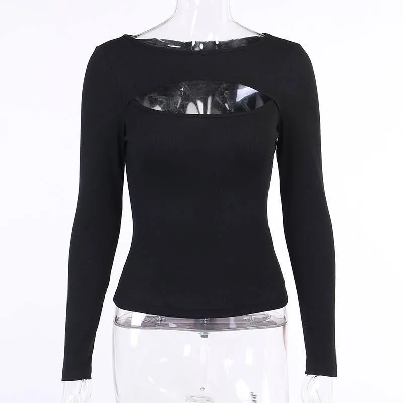 Autumn Fashion Women Sexy Hollow Out Slim Fit Long Sleeve Casual Round Neck Shirt Solid Black Tops T 220805