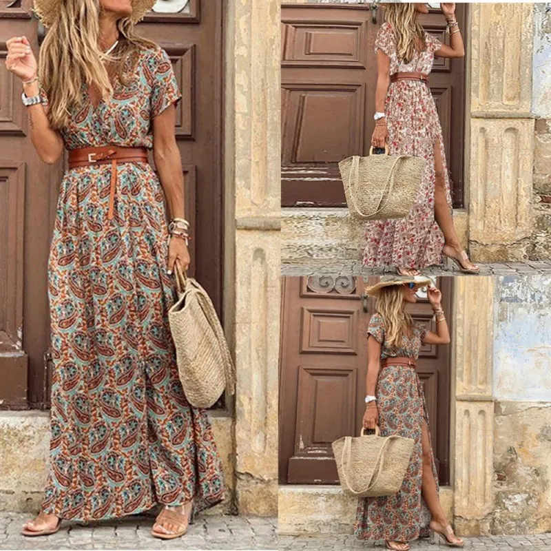 Boho Women V Neck Short Sleeve Paisley Print Belt Stora Hem Beach Long Dress Print Dress Summer Beach Dress With Belt 220531