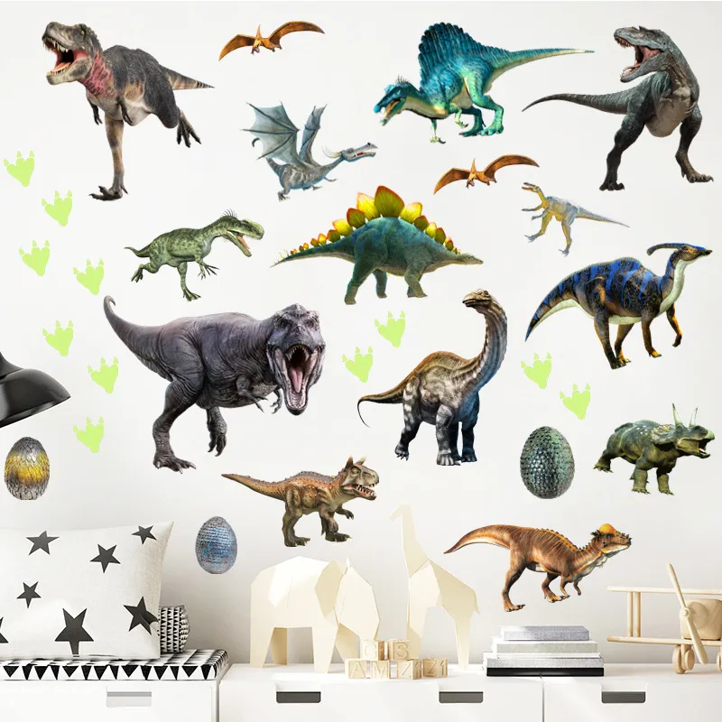 Green Light Luminous Dinosaur Wall Stickers Home Bedroom Kids Room Decoration Animal Fluorescent Decals Glow in the Dark Sticker 220328