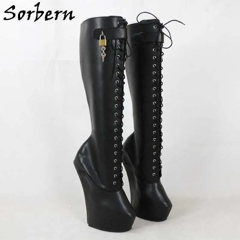 Sorbern afsluitbare laarzen Dames Dikke Platform Laarzen 43 Geloeide Schoenen Lace Up Aangepaste Sloten met Sleutel Fetish Hoge hak schoenen