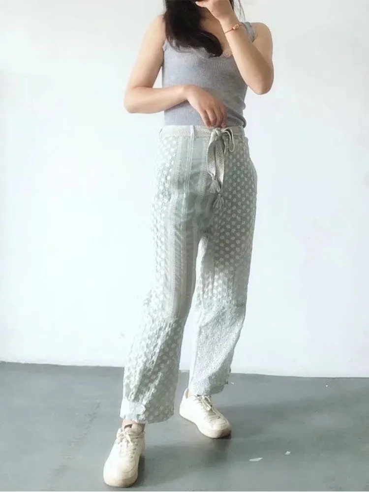 Pantalon à jambes larges brodé pour femmes, Chic, mode Patchwork, Vintage, taille haute, poches latérales, été