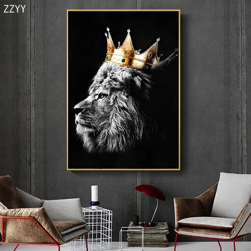Современный король Lion с короной золотой роскошный холст рисовать черные белые животные Пятники настенные стены Pictrue for Office Home Decor
