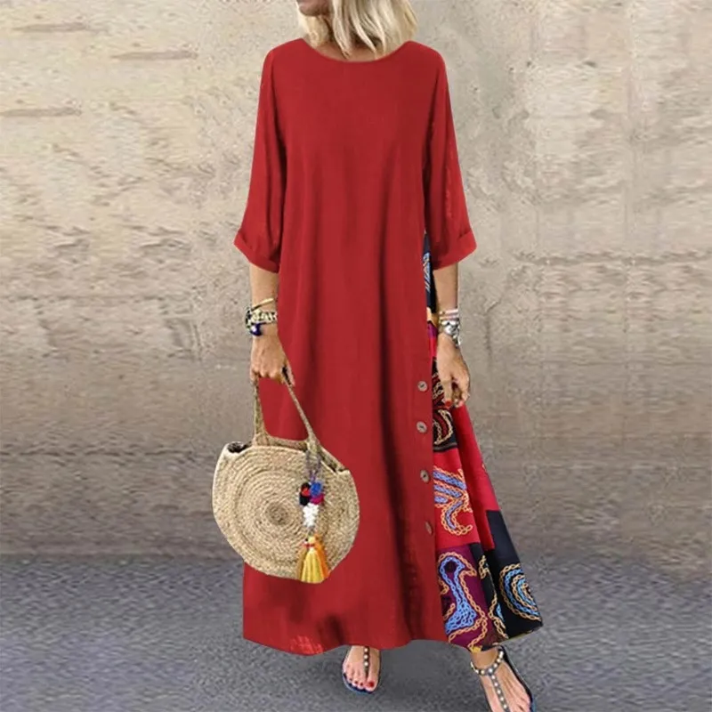 Kobiety vintage maxi sukienka Summer Solid O szyja nadruk 3 4 rękawowe guziki boczne Es luźne, swobodny długi rozmiar 220611