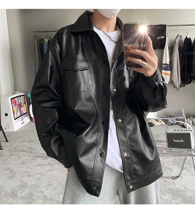 Veste en simili cuir pour hommes, Streetwear japonais Harajuku, mode ample, surdimensionné, manteau de fourrure Vintage, décontracté, Trench-Coat noir Y2k